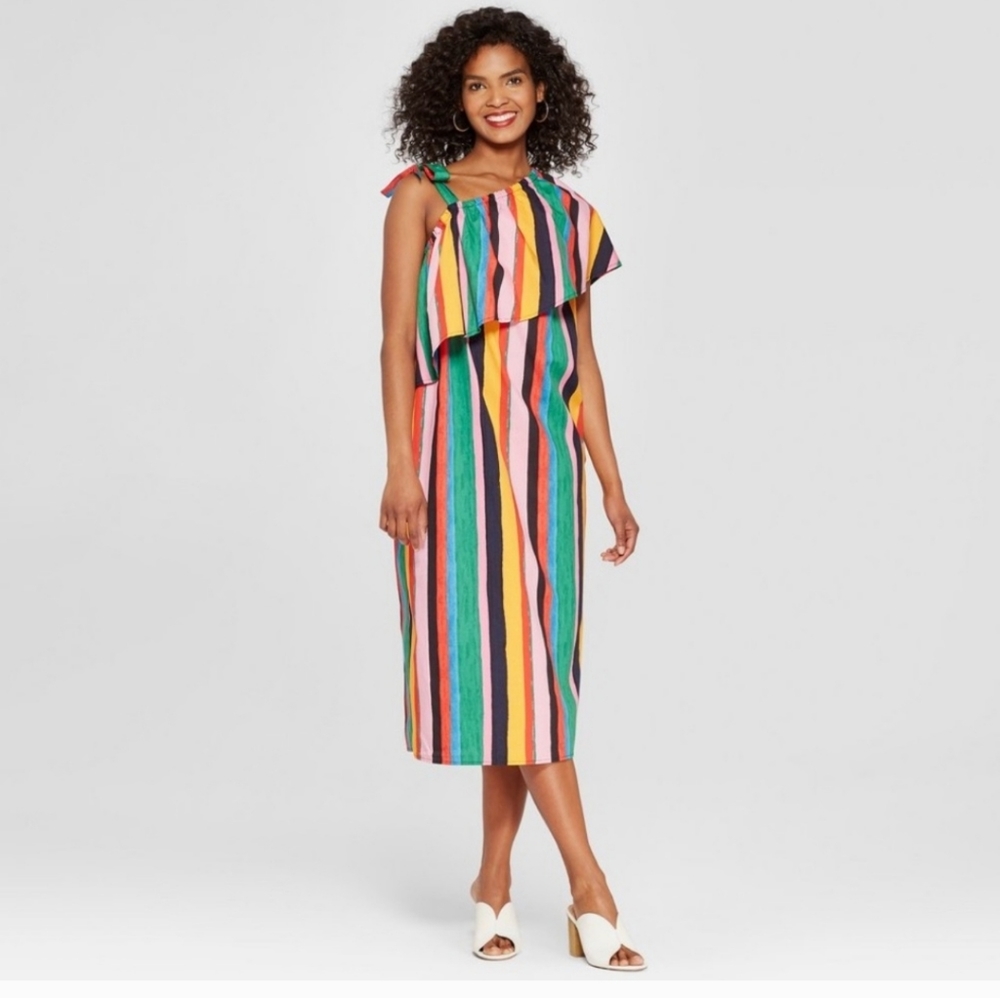 Colorful Striped Shift Ruffle Dress Small - Picture 2 of 8